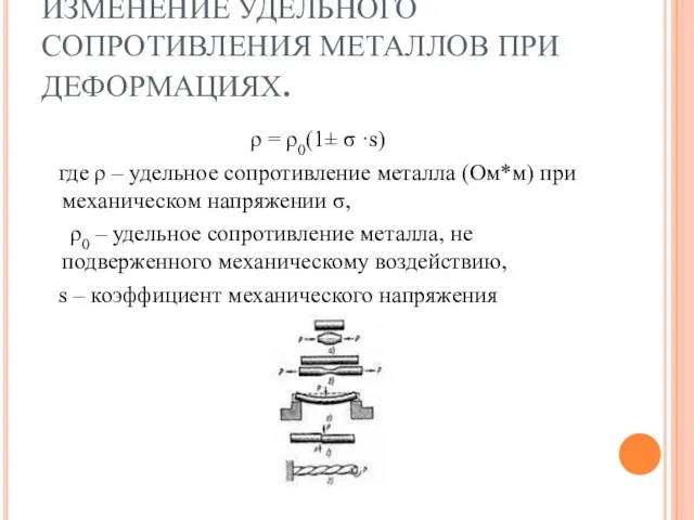 ИЗМЕНЕНИЕ УДЕЛЬНОГО СОПРОТИВЛЕНИЯ МЕТАЛЛОВ ПРИ ДЕФОРМАЦИЯХ. ρ = ρ0(1± σ ·s)