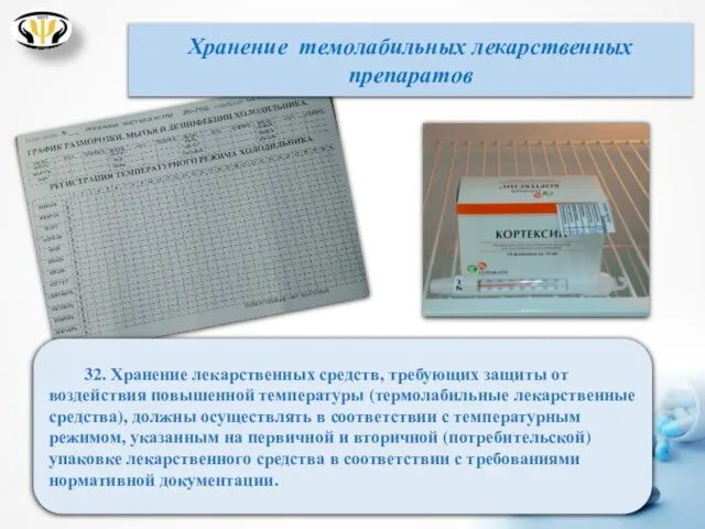 32. Хранение лекарственных средств, требующих защиты от воздействия повышенной температуры (термолабильные