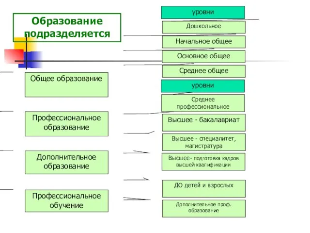 Образование подразделяется Общее образование Профессиональное образование Дополнительное образование Профессиональное обучение Дошкольное