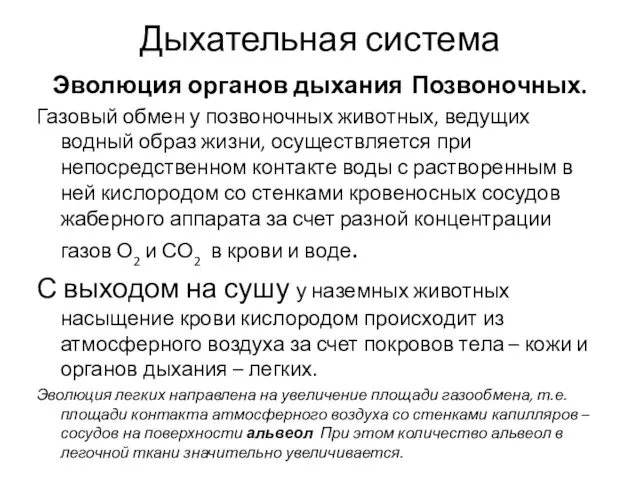 Дыхательная система Эволюция органов дыхания Позвоночных. Газовый обмен у позвоночных животных,