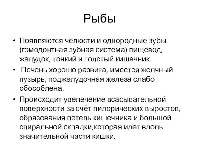 Рыбы Появляются челюсти и однородные зубы (гомодонтная зубная система) пищевод, желудок,