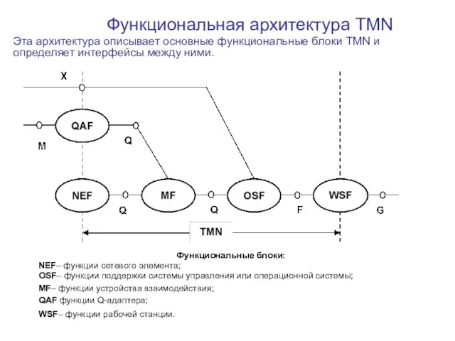 Функциональная архитектура TMN Эта архитектура описывает основные функциональные блоки TMN и