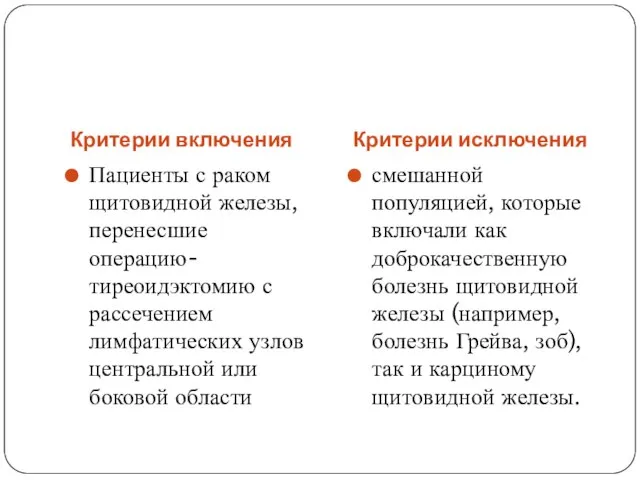 Критерии включения Критерии исключения Пациенты с раком щитовидной железы, перенесшие операцию-