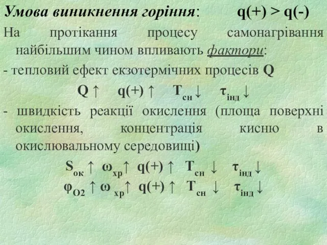 Умова виникнення горіння: q(+) > q(-) На протікання процесу самонагрівання найбільшим