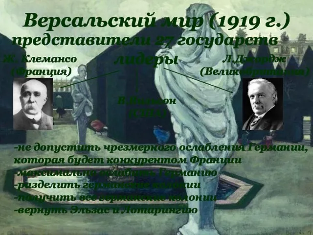 Версальский мир (1919 г.) представители 27 государств лидеры Ж. Клемансо (Франция)