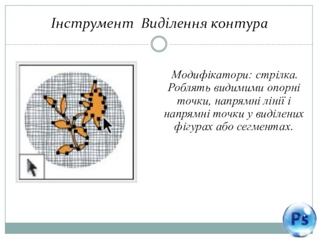 Інструмент Виділення контура Модифікатори: стрілка. Роблять видимими опорні точки, напрямні лінії