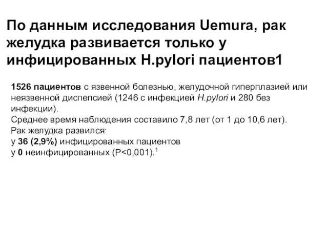 По данным исследования Uemura, рак желудка развивается только у инфицированных H.pylori