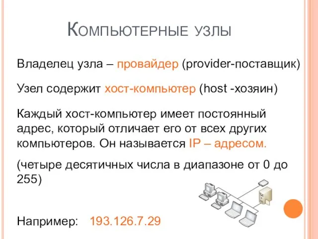 Компьютерные узлы Владелец узла – провайдер (provider-поставщик) Узел содержит хост-компьютер (host