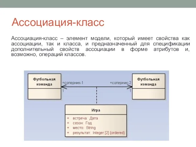 Ассоциация-класс Ассоциация-класс – элемент модели, который имеет свойства как ассоциации, так