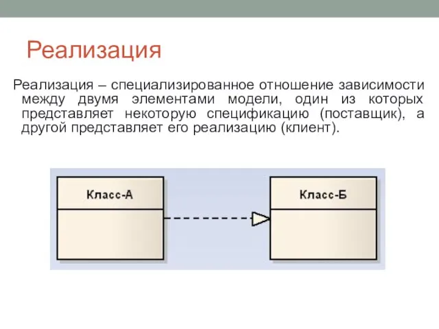 Реализация Реализация – специализированное отношение зависимости между двумя элементами модели, один