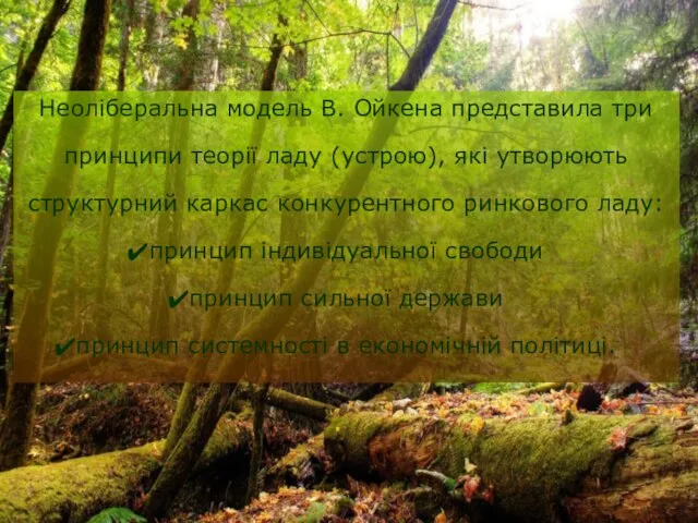 Неоліберальна модель В. Ойкена представила три принципи теорії ладу (устрою), які