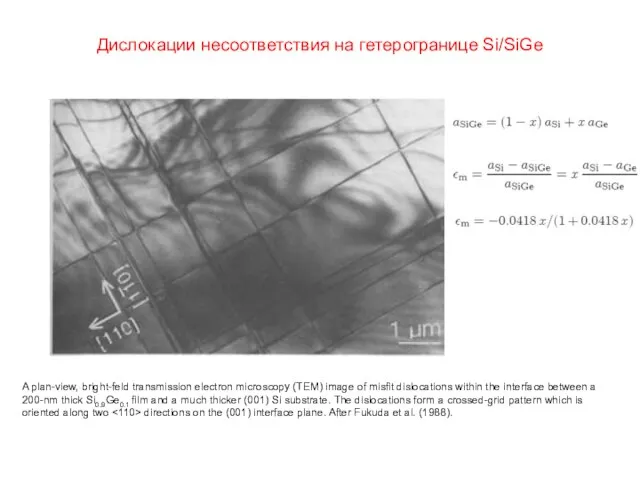 Дислокации несоответствия на гетерогранице Si/SiGe A plan-view, bright-feld transmission electron microscopy