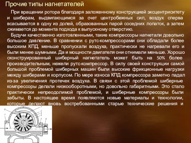 Прочие типы нагнетателей При вращении ротора благодаря заложенному конструкцией эксцентриситету и