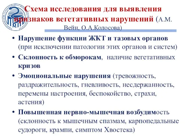 Схема исследования для выявления признаков вегетативных нарушений (А.М.Вейн, О.А.Колосова) Нарушение функции