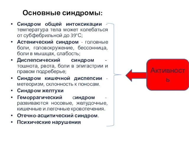 Основные синдромы: Синдром общей интоксикации - температура тела может колебаться от