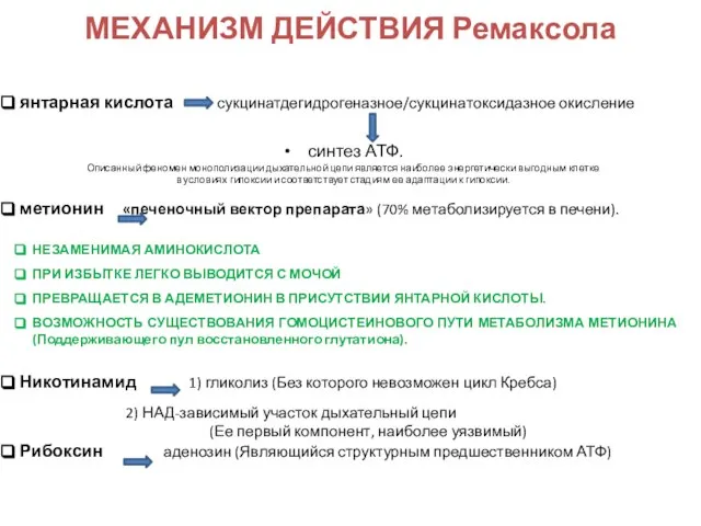 МЕХАНИЗМ ДЕЙСТВИЯ Ремаксола янтарная кислота сукцинатдегидрогеназное/сукцинатоксидазное окисление синтез АТФ. Описанный феномен