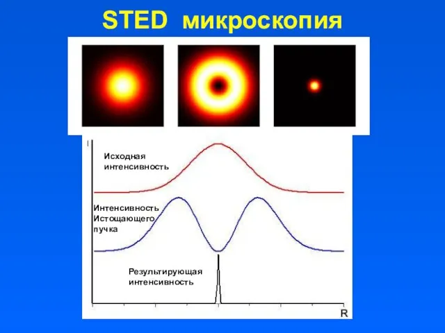 STED микроскопия Исходная интенсивность Интенсивность Истощающего пучка Результирующая интенсивность