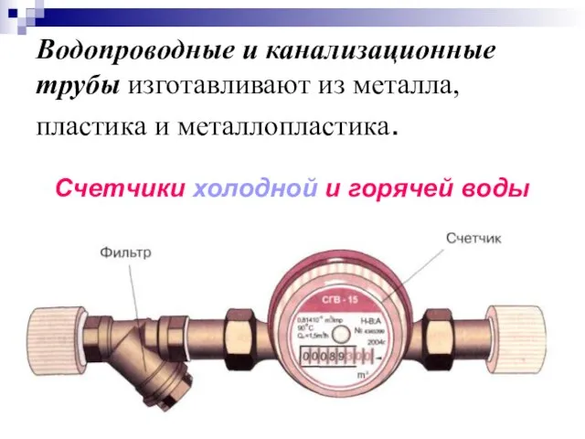 Водопроводные и канализационные трубы изготавливают из металла, пластика и металлопластика. Счетчики холодной и горячей воды