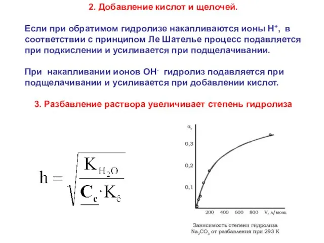 2. Добавление кислот и щелочей. Если при обратимом гидролизе накапливаются ионы