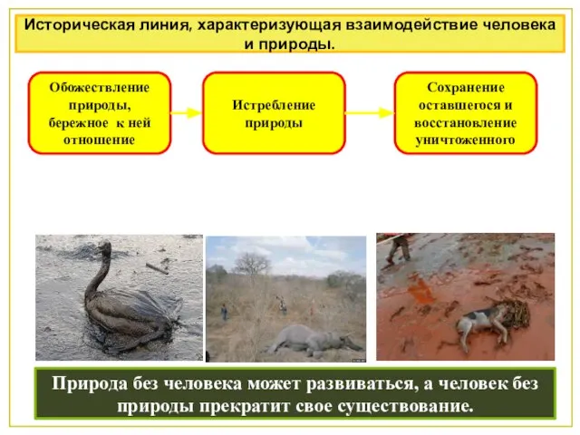 Обожествление природы, бережное к ней отношение Истребление природы Сохранение оставшегося и