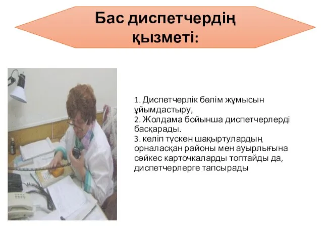 1. Диспетчерлік бөлім жұмысын ұйымдастыру, 2. Жолдама бойынша диспетчерлерді басқарады. 3.