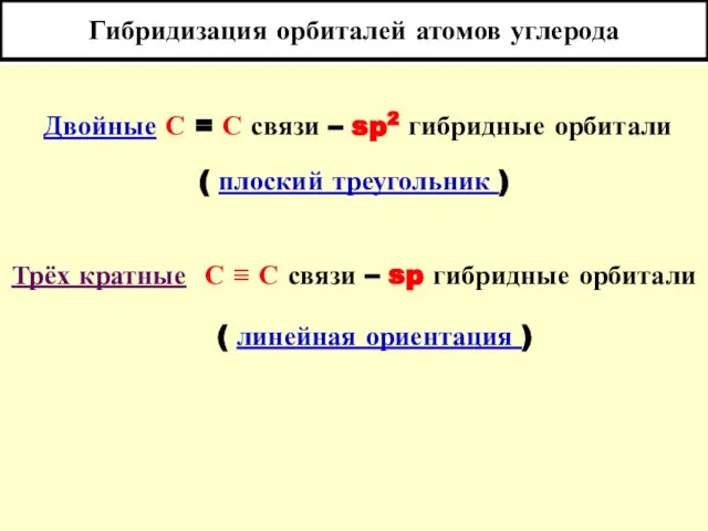 Гибридизация орбиталей атомов углерода Двойные С = С связи – sp2