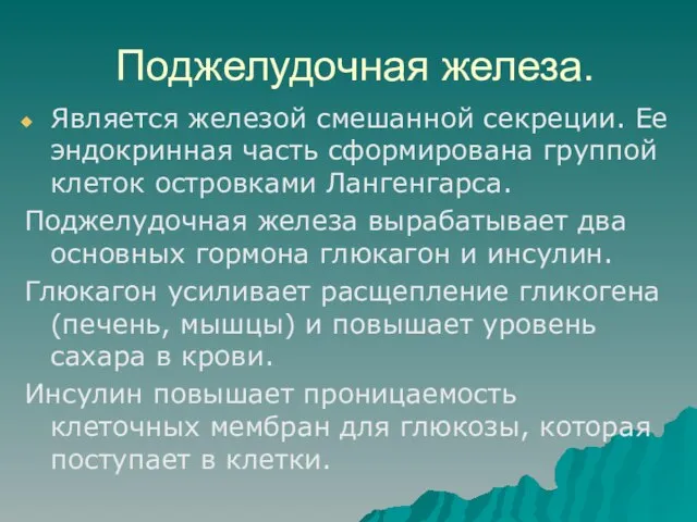 Поджелудочная железа. Является железой смешанной секреции. Ее эндокринная часть сформирована группой