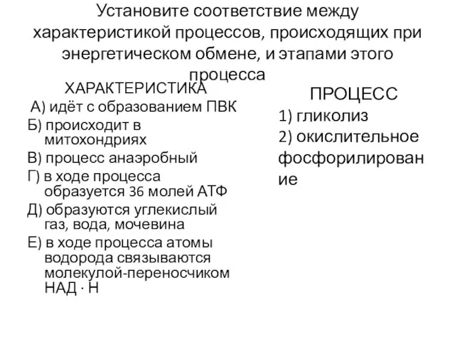 Установите соответствие между характеристикой процессов, происходящих при энергетическом обмене, и этапами