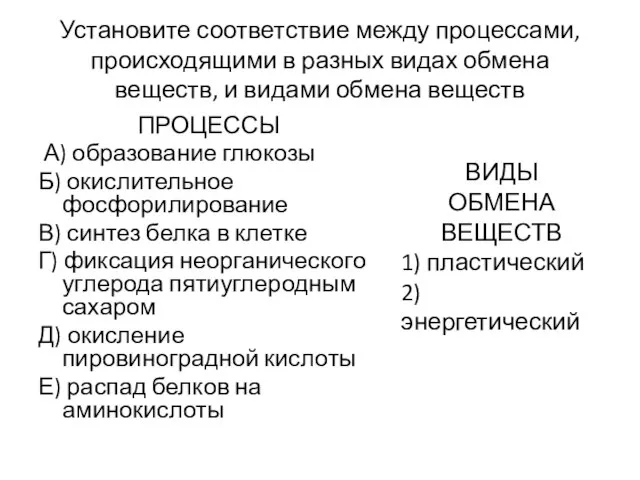 Установите соответствие между процессами, происходящими в разных видах обмена веществ, и