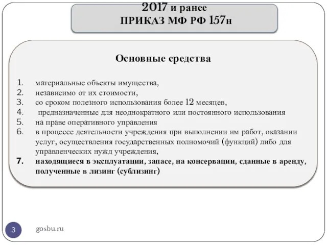 gosbu.ru 2017 и ранее ПРИКАЗ МФ РФ 157н Основные средства материальные