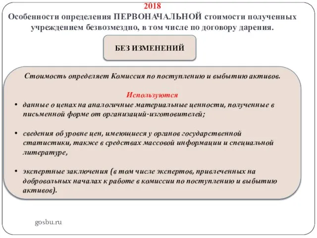 2018 Особенности определения ПЕРВОНАЧАЛЬНОЙ стоимости полученных учреждением безвозмездно, в том числе