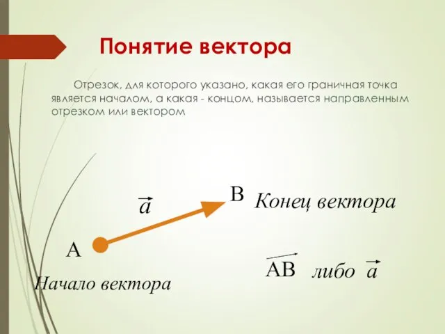 Понятие вектора Отрезок, для которого указано, какая его граничная точка является