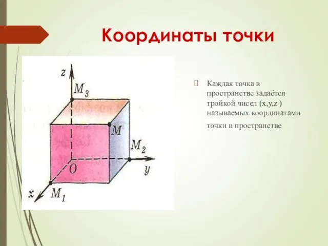 Координаты точки Каждая точка в пространстве задаётся тройкой чисел (x,y,z ) называемых координатами точки в пространстве