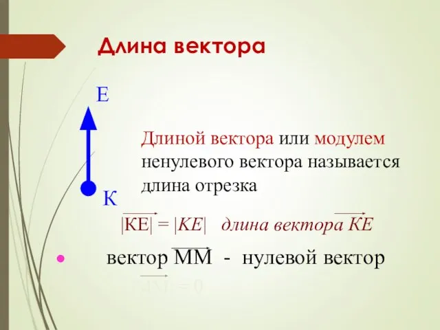 Длина вектора Длиной вектора или модулем ненулевого вектора называется длина отрезка