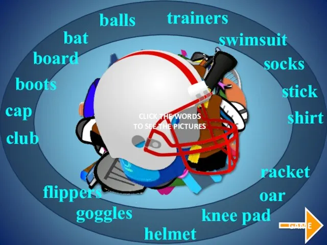 helmet bat racket goggles trainers swimsuit balls cap shirt socks stick