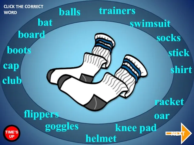 socks bat racket goggles trainers swimsuit balls cap shirt stick board