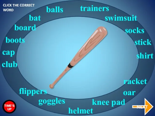 bat racket goggles trainers balls shirt cap swimsuit socks stick board
