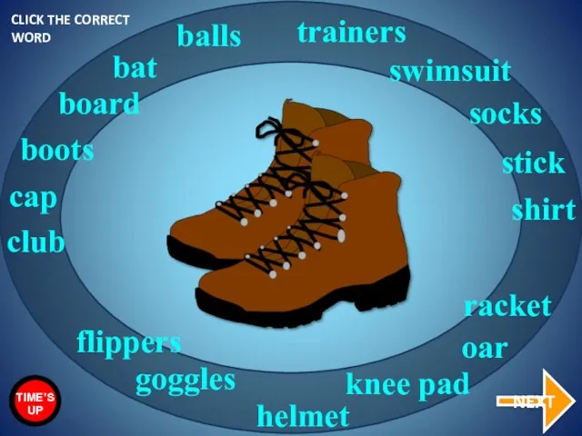 boots bat racket goggles trainers swimsuit balls cap shirt socks stick