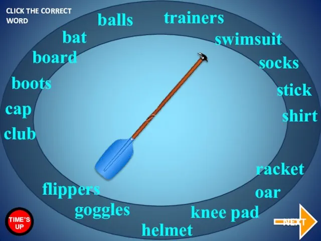 oar bat racket goggles trainers swimsuit balls cap shirt socks stick