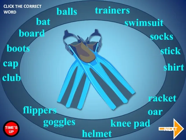 flippers bat racket goggles trainers swimsuit balls cap shirt socks stick