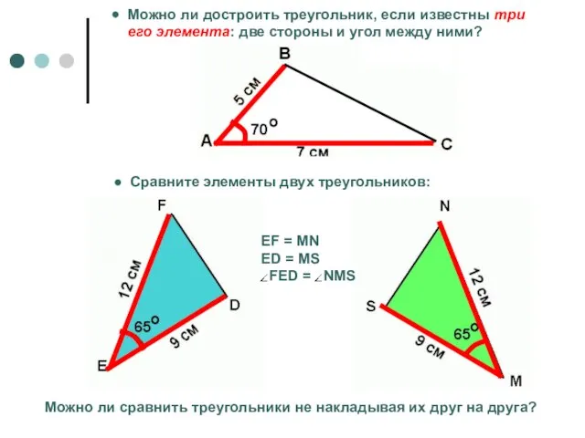 Можно ли достроить треугольник, если известны три его элемента: две стороны