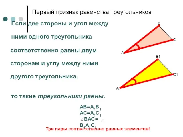 Первый признак равенства треугольников Если две стороны и угол между ними