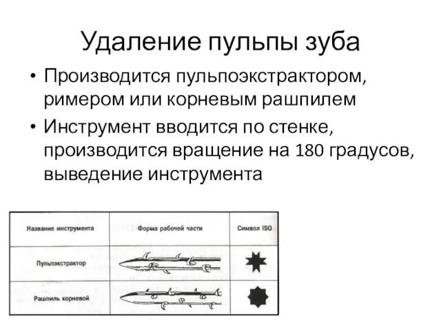 Удаление пульпы зуба Производится пульпоэкстрактором, римером или корневым рашпилем Инструмент вводится