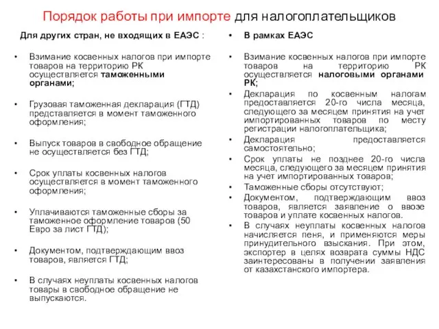 Порядок работы при импорте для налогоплательщиков Для других стран, не входящих