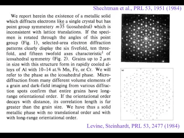 Levine, Steinhardt, PRL 53, 2477 (1984) Shechtman et al., PRL 53, 1951 (1984)