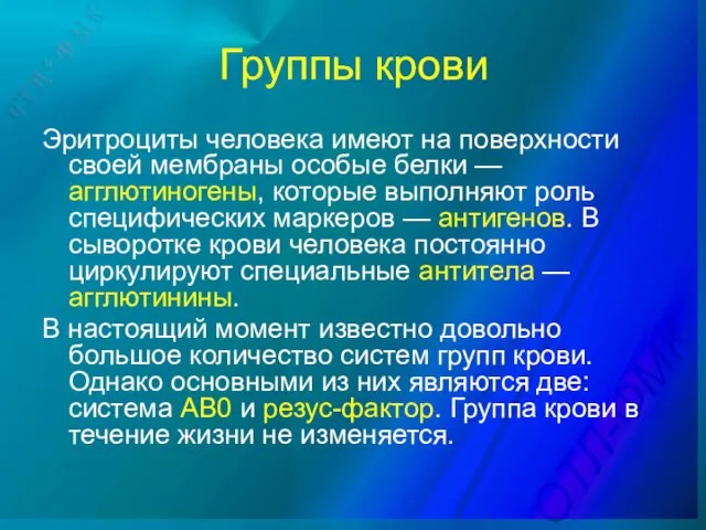 Группы крови Эритроциты человека имеют на поверхности своей мембраны особые белки