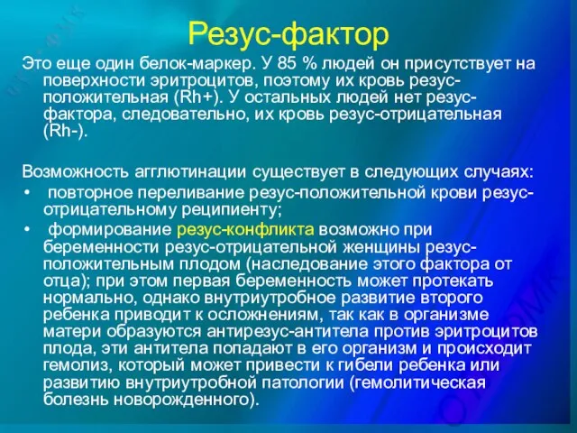 Резус-фактор Это еще один белок-маркер. У 85 % людей он присутствует