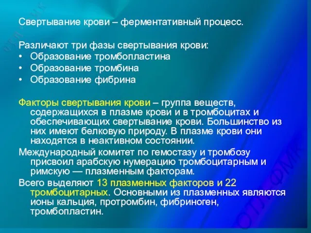 Свертывание крови – ферментативный процесс. Различают три фазы свертывания крови: •