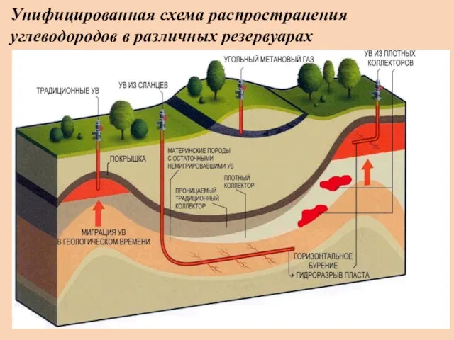 Унифицированная схема распространения углеводородов в различных резервуарах