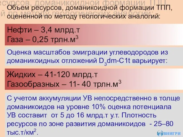 Объем ресурсов, доманикоидной формации ТПП, оцененной по методу геологических аналогий: Нефти